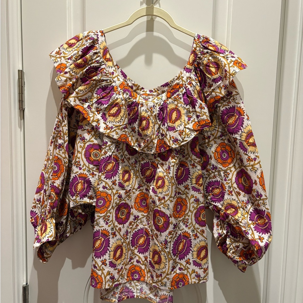 Vibrant Floral Ruffle Blouse - Purple and Orange